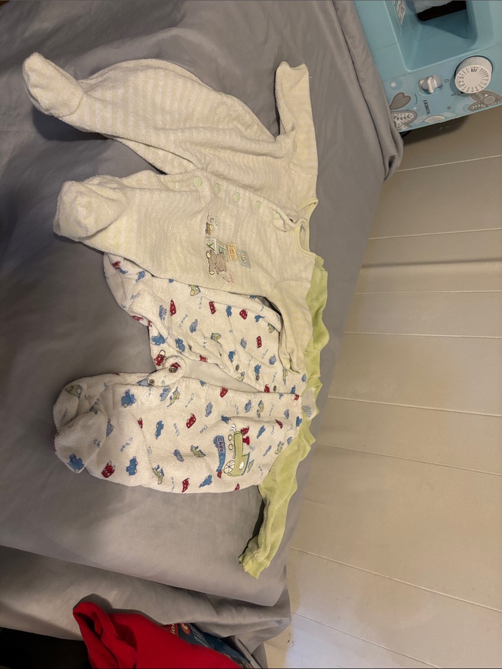 Carter's White Footed One-Piece Set with Green Trim and Vehicle Motif